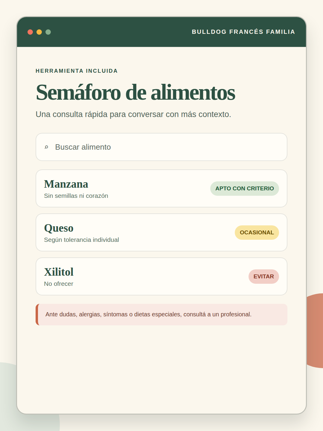 Vista previa de la herramienta Semáforo de alimentos