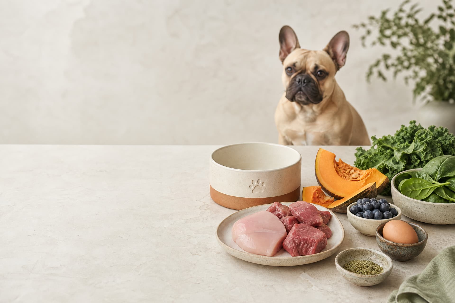 Bulldog Francés junto a un bowl con carne, calabaza, hojas verdes, arándanos y huevo