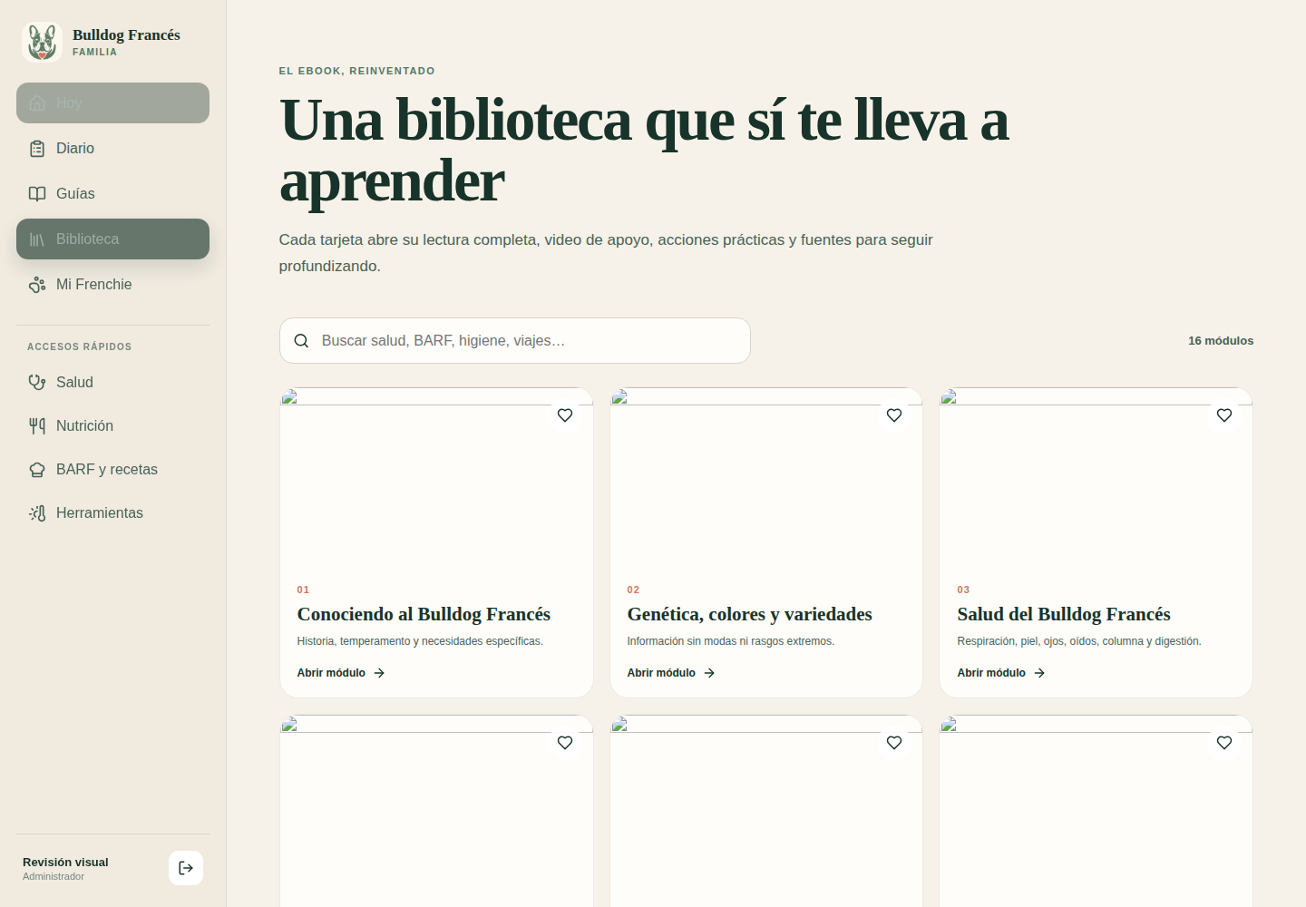 Biblioteca de la plataforma con los módulos de cuidado organizados por tema
